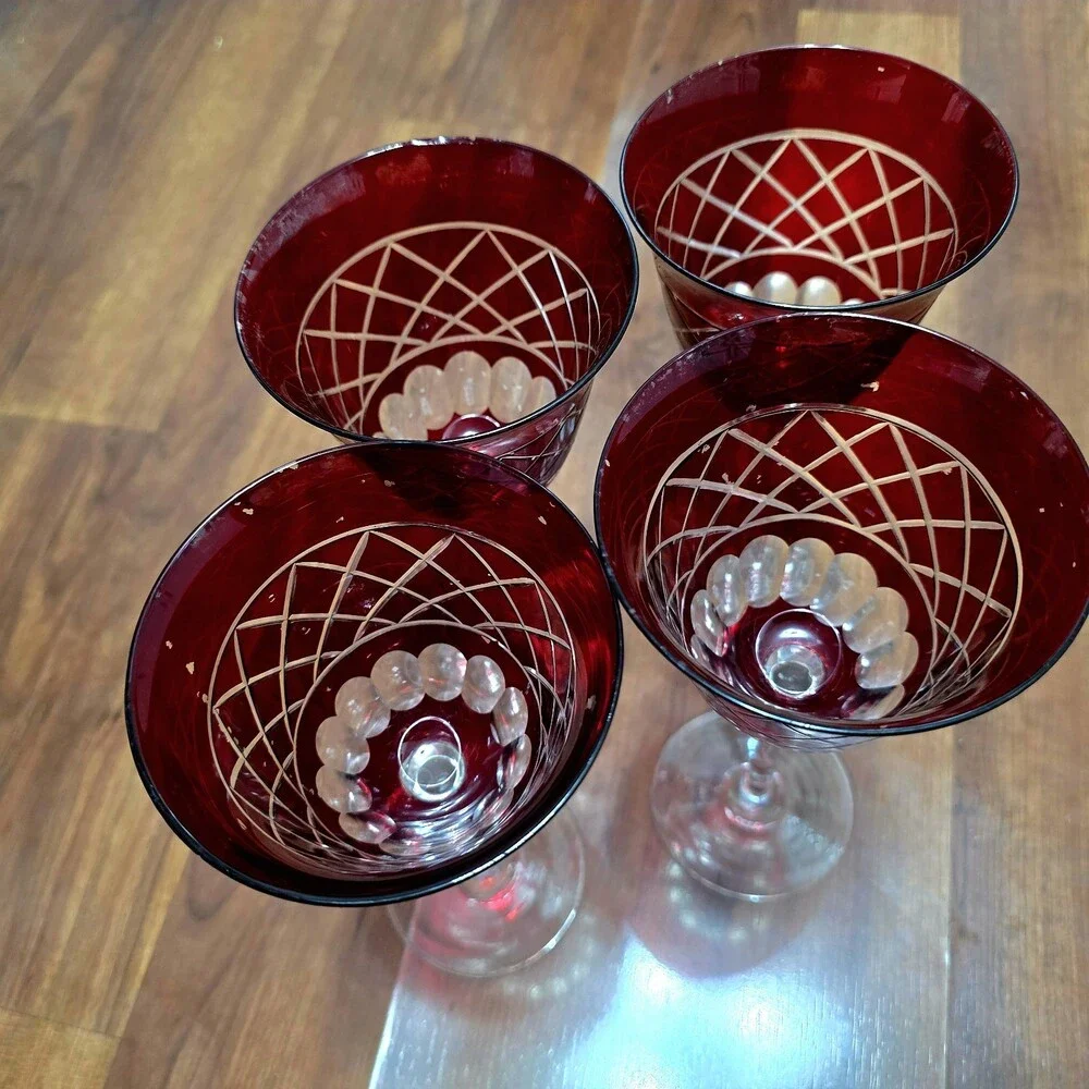 Vintage Ruby Cranberry Red Cut Glass Wine Goblets Set of 4 Clear Long Stem